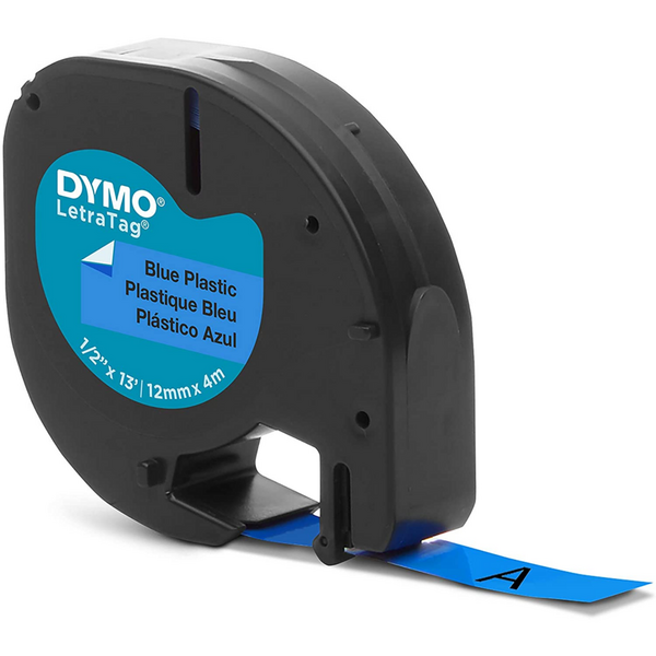 Dymo LetraTag S0721650 Cinta de Etiquetas Original para Rotuladora - Texto negro sobre fondo azul - Ancho 12mm x 4 metros (91205