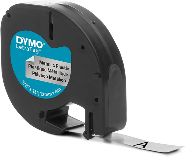Dymo LetraTag S0721730 Cinta de Etiquetas Original para Rotuladora - Texto negro sobre fondo metalico - Ancho 12mm x 4 metros (9