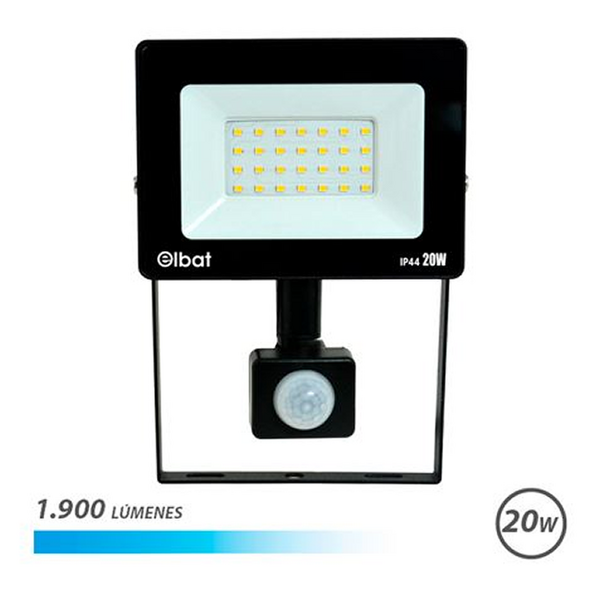 Elbat Foco LED con Sensor de Movimiento - Potencia: 20W - Lumenes: 1900 - Luz Fria 6.500K - Vida Util: 30.000 - 50.000 Horas - A