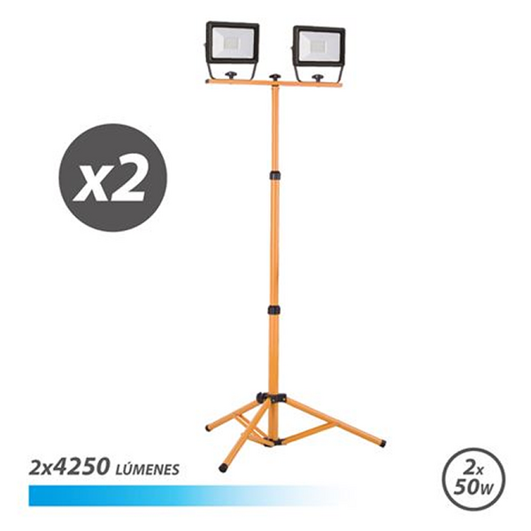 Elbat Foco LED con Tripode 2 x 50W - 4250 Lumenes - 6500K Luz Fria - Cable de 3m - IP65 para Uso en Exterior