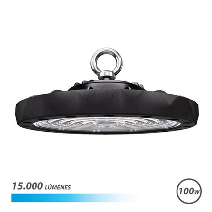Elbat Lampara LED UFO de Techo - Potencia: 100W - Lumenes: 15000 - Luz Fria: 6500K - Ac 100-240V - Diametro: 24,9cm - Angulo ajustable - Color Negro