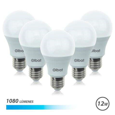 Elbat Pack 5 Unidades - Potencia 12W - Lumenes 1080 - Tipo de Luz 6500K Luz Fria - Casquillo E27 - Angulo 220º - Dimensiones 60