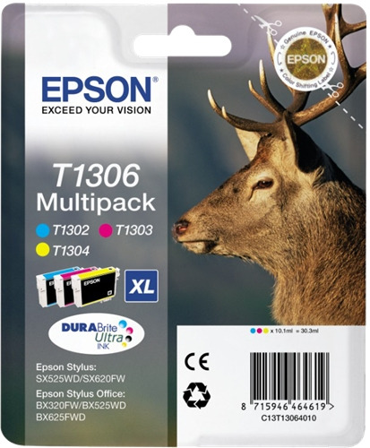 Epson T1306 Pack de 3 Cartuchos de Tinta Originales - Cian, Magenta, Amarillo - C13T13064012