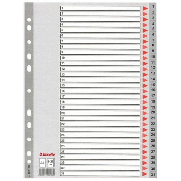 Esselte Bolsa de 25 Indices Numericos de Plastico - PestaÃ±as 1 al 31 - Multitaladro - Formato A4 - Color Gris