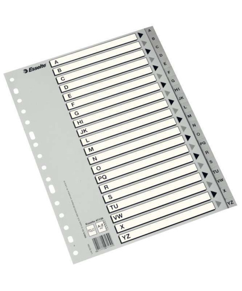 Esselte Indice Abecedario de Plastico con Caratula Indice A4 - Tipo A-Z - Cartulina Indice: Carton Blanco y Negro Gris - Color G