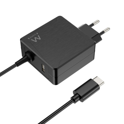 Ewent Cargador de Pared USB-C de 65W - Power Delivery - USB-A Extra - Cable de 1.5m - Proteccion Electrica - Color Negro