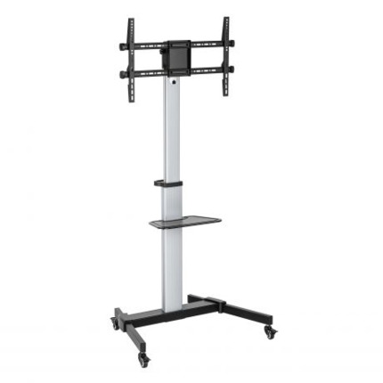 Ewent EW1583 Soporte de Suelo para TV de 37 a 86" - Bandeja Multiusos - Peso Max. 50kg - Altura, Inclinacion y Rotacion Ajustables - Ruedas - Color Gris
