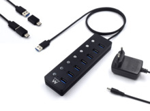 Ewent Hub USB 7 en 1 - Alimentacion Externa - Interruptores Individuales - Incluye Adaptador USB-C - Cable de 1.2m - Color Negro