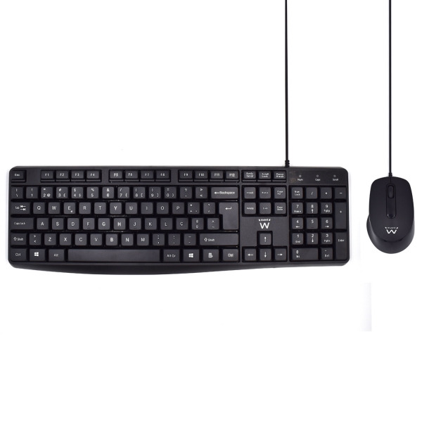 Ewent Pack Teclado + Raton para Oficina - Teclas Silenciosas de Perfil Bajo - 1000dpi - Disposicion Portuguesa QWERTY PT - Cable