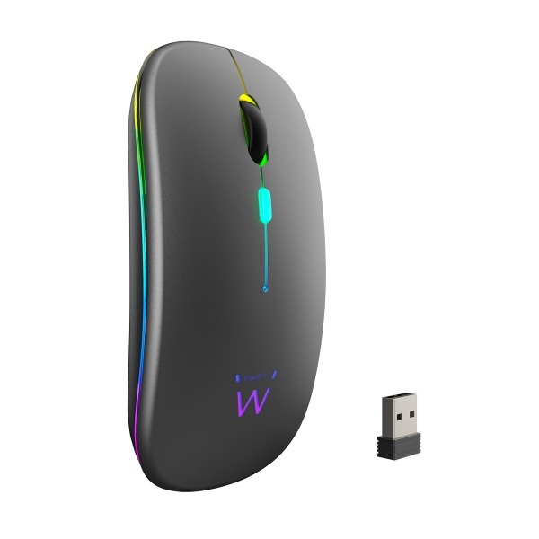Ewent Raton Inalambrico - Receptor USB-A de 2.4GHz- Bluetooth 5.1 - Recargable - Luces RGB - 4 Botones - Bateria de Litio de 500