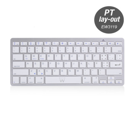 Ewent Teclado de Viaje - Modo Ahorro de Energia - Bluetooth 3.0 - Disposicion Portuguesa QWERTY PT - Alcance hasta 10m - Color Plata/Blanco