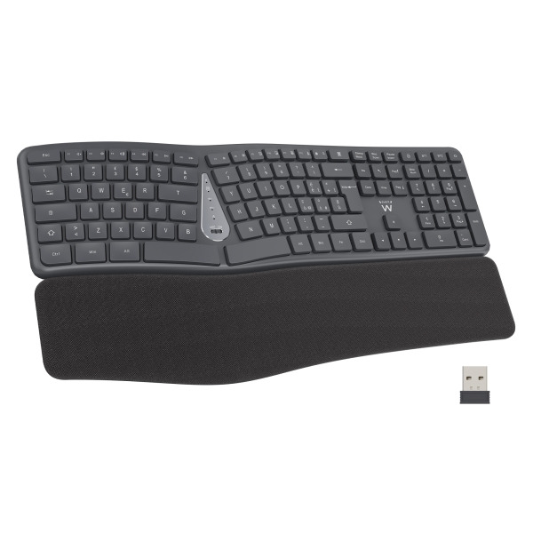 Ewent Teclado Inalambrico - Ergonomico - Bateria de Litio Recargable de 300mAh - Disposicion Portuguesa QWERTY PT - Teclas de Ba