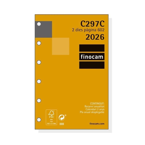 Finocam C297C Recambio para Agendas Classic en Catalan - Anual 2026 - Esquinas Microperforadas - Formato 602 - 73x9x114mm - 2 Di