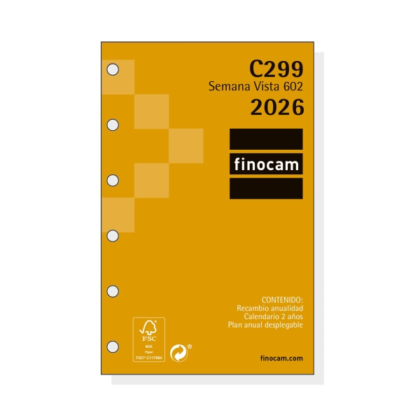 Finocam C299 Recambio para Agendas Classic - Anual 2026 - Hojas Microperforadas - Formato 602 - 73x6x114mm - Semana Vista Horizo