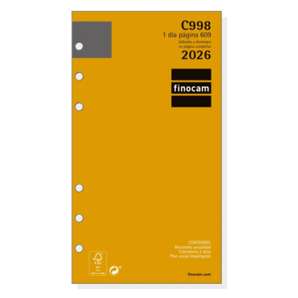 Finocam C998 Recambio para Agendas Classic - Anual 2026 - Hojas Microperforadas - Formato 609 - 94x18x171mm - 1 Dia por Pagina - Color Blanco