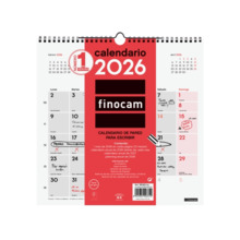 Finocam Calendario de Pared - Anual 2026 - 300x5x310mm - Espacio para Escribir - Color Blanco y Rojo