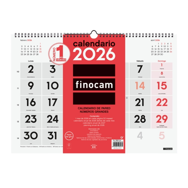 Finocam Calendario de Pared - Anual 2026 - 430x5x320mm - Numeros Grandes - Color Blanco y Rojo