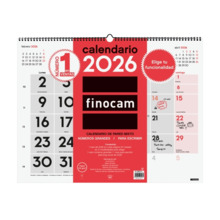 Finocam Calendario de Pared - Anual 2026 - Espacio para Escribir - Formato XL - 540x5x430mm - Numeros Grandes - Color Blanco y R