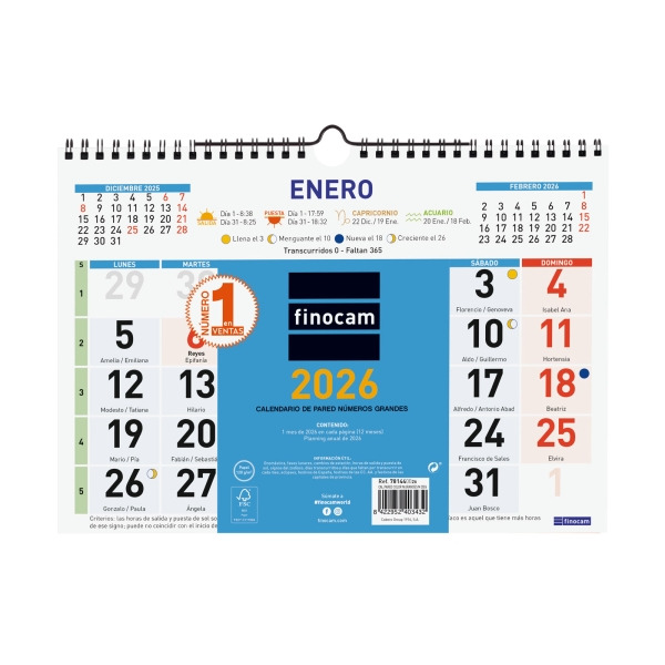 Finocam Calendario de Pared - Anual 2026 - Formato M - 300x10x220mm - Numeros Grandes - Color Azul y Blanco