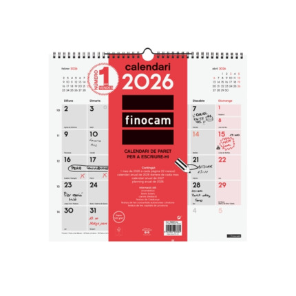 Finocam Calendario de Pared en Catalan - Anual 2026 - 340x5x330mm - Espacio para Escribir - Color Blanco y Rojo
