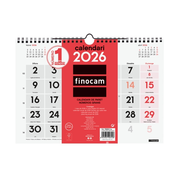 Finocam Calendario de Pared en Catalan - Anual 2026 - Formato M - 300x5x220mm - Numeros Grandes - Color Blanco y Rojo