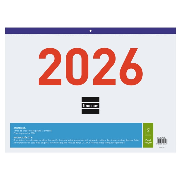 Finocam Calendario Faldilla - Anual 2026 - Espacio para Escribir - Formato F94 - 430x3x310mm - Numeros Grandes - Color Blanco y