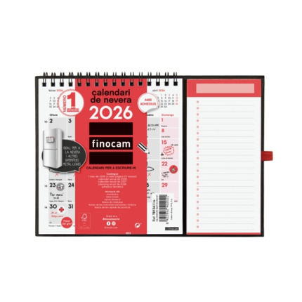 Finocam Calendario Imantado en Catalan - Anual 2026 - 224x12x160mm - Espacio para Escribir - Color Blanco y Rojo