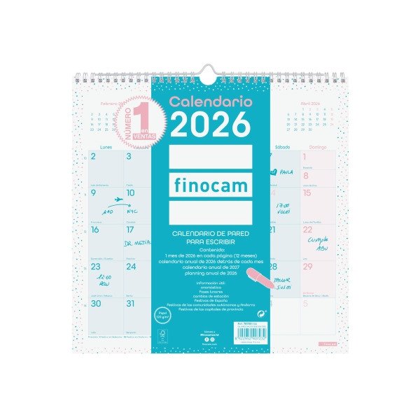 Finocam Chic Calendario de Pared - Anual 2026 - 300x5x310mm - Espacio para Escribir - Color Turquesa