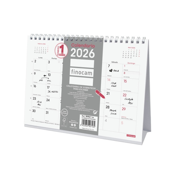 Finocam Chic Calendario de Sobremesa - Anual 2026 - 210x70x155mm - Espacio para Escribir - Color Blanco