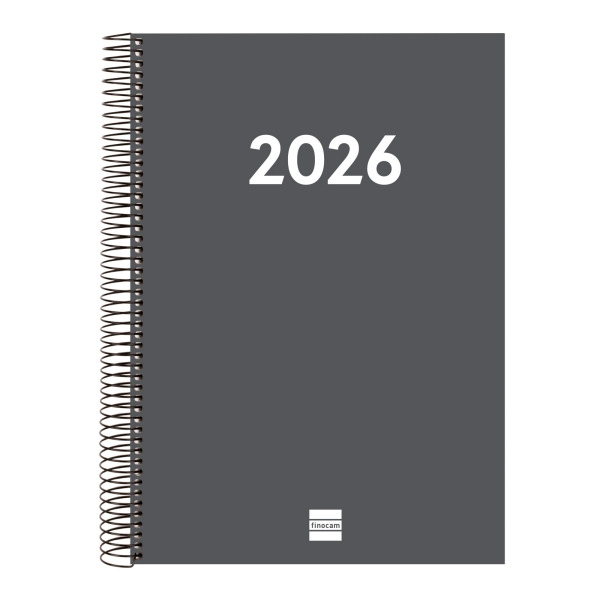 Finocam Espiral Recambio Anual 2026 para Agendas Duo - Anual 2026 - Formato E40 - 230x29x297mm - 1 Dia por Pagina - Color Gris O