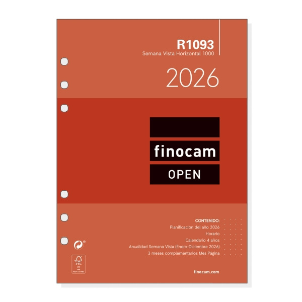 Finocam R1093 Recambio Anual 2026 para Agendas Open 2026 - Formato 1000 - 155x6x215mm - Semana Vista Horizontal - Color Blanco