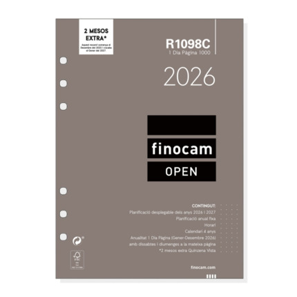 Finocam R1098C Recambio Anual 2026 para Agendas Open 2026 en Catalan - Formato 1000 - 155x15x215mm - 1 Dia por Pagina - Color Blanco