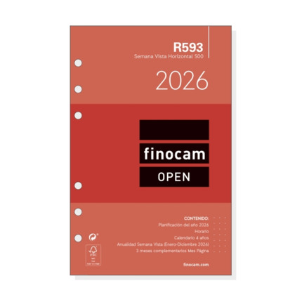Finocam R593 Recambio Anual 2026 para Agendas Open 2026 - Formato 500 - 117x6x181mm - Semana Vista Horizontal - Color Blanco
