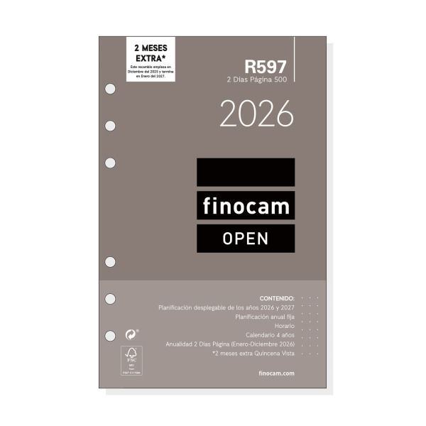 Finocam R597 Recambio Anual 2026 para Agendas Open 2026 - Formato 500 - 117x11x181mm - 2 Dias por Pagina - Color Blanco