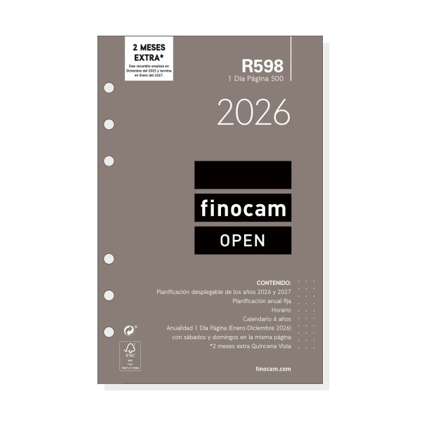 Finocam R598 Recambio Anual 2026 para Agendas Open 2026 - Formato 500 - 117x16x181mm - 1 Dia por Pagina - Color Blanco