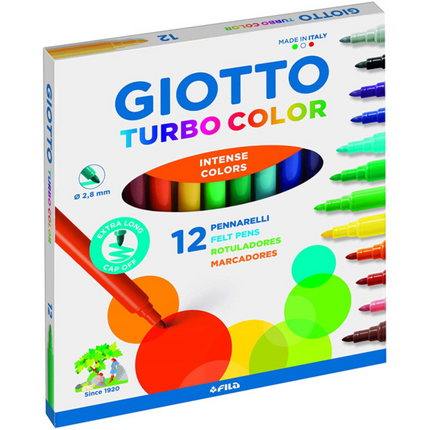 Giotto Turbo Color Pack de 12 Rotuladores - Punta Fina 2.8 mm. - Tinta al Agua - Lavable - Colores Surtidos