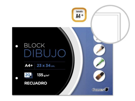 Golden Cuaderno de Dibujo A4 Plus - Papel de 135gr - 20 Hojas - Recuadro Interior A4 - Encolado con Dos Taladros