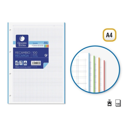 Golden Extra Recambio de 100 Hojas 90gr Cuadricula 5x5 - Formato A4 - 4 Taladros y Bandas de Color