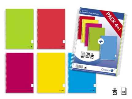Golden Pack de 5 Cuaderno Tapa Normal Plastificada 80 Hojas - Margen Remarcado - Cuadricula 4x4