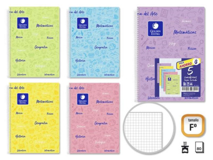 Golden Pack de 5 Cuaderno Asignatura Tapa Flexible - 80 Hojas - Papel de 90gr - Cuadricula 4x4