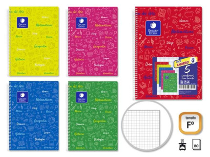 Golden Pack de 5 Cuaderno Asignatura Tapa Flexible Folio 80 Hojas 90gr Cuadricula 4x4 - Resistente - Ideal para Estudiantes - Papel de Alta Calidad