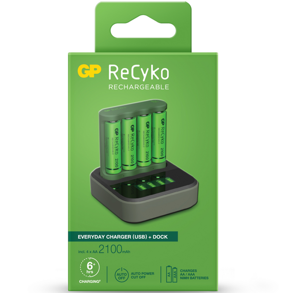 GP ReCyko B421 Dock Pack de Cargador Everyday USB 4 Espacios + Base de Carga + 4 Pilas Recargables 2100mAh AA