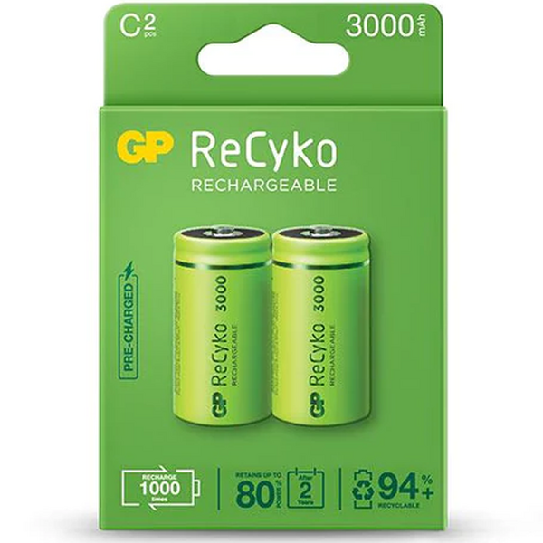 GP ReCyko Pack de 2 Pilas Recargables 3000mAh C 1.2V - Precargadas - Ciclo de Vida: Hasta 1000 Veces