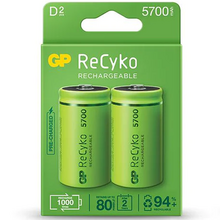 GP ReCyko Pack de 2 Pilas Recargables 5700mAh D 1.2V - Precargadas - Ciclo de Vida: Hasta 1000 Veces