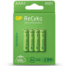 GP ReCyko Pack de 4 Pilas Recargables 650mAh AAA 1.2V - Precargadas - Fabricadas con mas del 10% de Materiales Reciclados