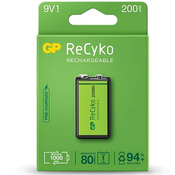 GP ReCyko Pila Recargable 200mAh 9V - Precargada - Ciclo de Vida: Hasta 1000 Veces