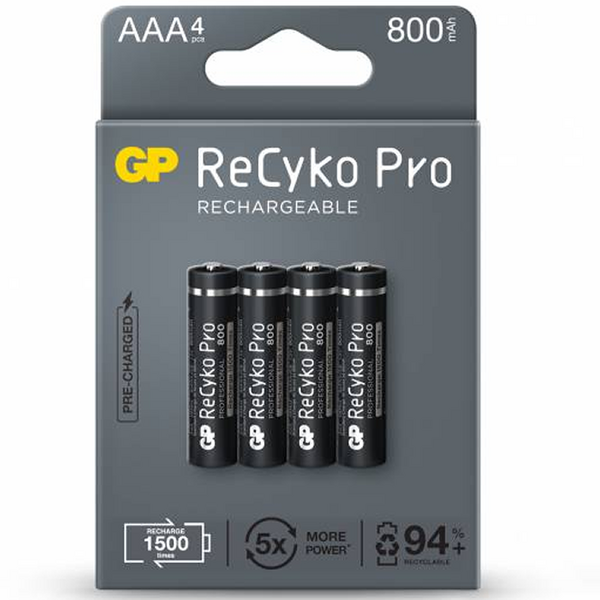 GP ReCyko Pro Pack de 4 Pilas Recargables 800mAh AAA 1.2V - Precargadas - Ciclo de Vida: Hasta 1.500 Veces