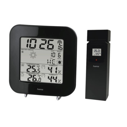 Hama Ews-200 Estacion Meteorologica - Reloj - Prevision Meteorologica - Sensor Exterior - Radiofrecuencia - Termometro - Higrometro - 11x2.5x11cm - Color Negro