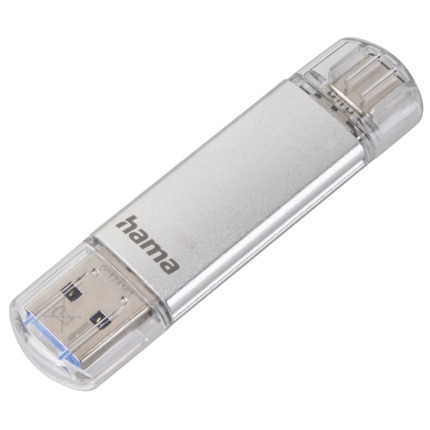 Hama Laeta Memoria Pendrive USB 3.0 con Tapa - 32GB de Capacidad - 40Mb/s de Transferencia - Funcion OTG - USB-C - USB-A - Cuerpo Metalico - Color Plata