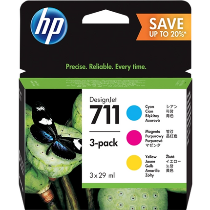 HP 711 Pack de 3 Cartuchos de Tinta Originales - Cyan, Magenta y Amarillo - P2V32A